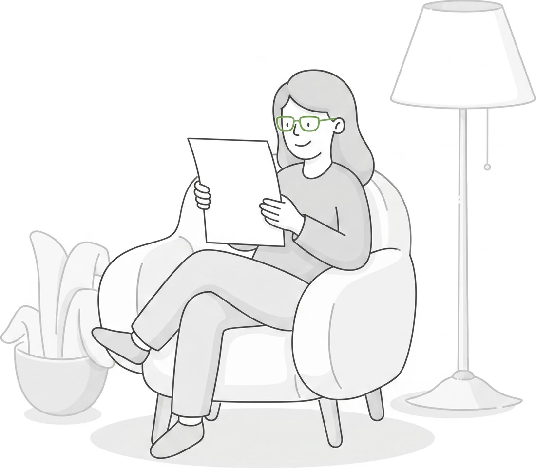 Line drawing of a woman reviewing a loan document